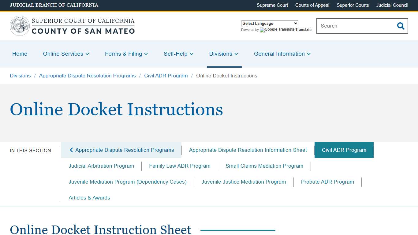 Online Docket Instructions Superior Court of California County of San Mateo